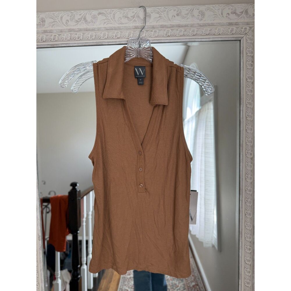 NWT Worthington Liz&Co Tan Ribbed Sleeveless Collared Top, Y2K Minimal - Picture 4 of 5